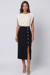 Ivory and Black Round Neck Midi Work Dress with Slit