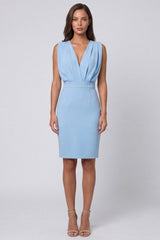 Sky Blue Ruched Bodycon V Neck Mini Work Dress