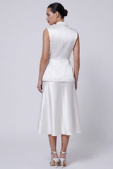 Ivory Peaked Lapel 2 Piece Satin A Line Midi Work Dress