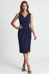 Navy Ruched Bodycon V Neck Midi Work Dress with Slit