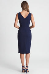 Navy Ruched Bodycon V Neck Midi Work Dress with Slit