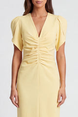 Light Yellow Sheath V Neck Ruched Midi Work Dress