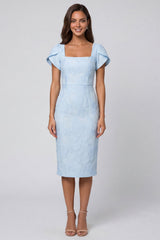 Suqare Neck Sky Blue Brocade Sheath Midi Work Dress