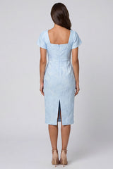 Suqare Neck Sky Blue Brocade Sheath Midi Work Dress