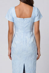 Suqare Neck Sky Blue Brocade Sheath Midi Work Dress