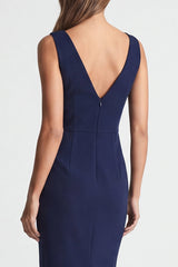 Navy Asymmetric Neck Sheath Midi Work Dress with Slit