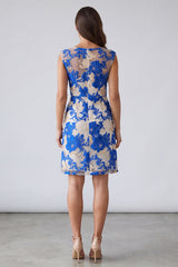 Blue Floral Square Neck Sheath Short Work Dress