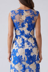 Blue Floral Square Neck Sheath Short Work Dress
